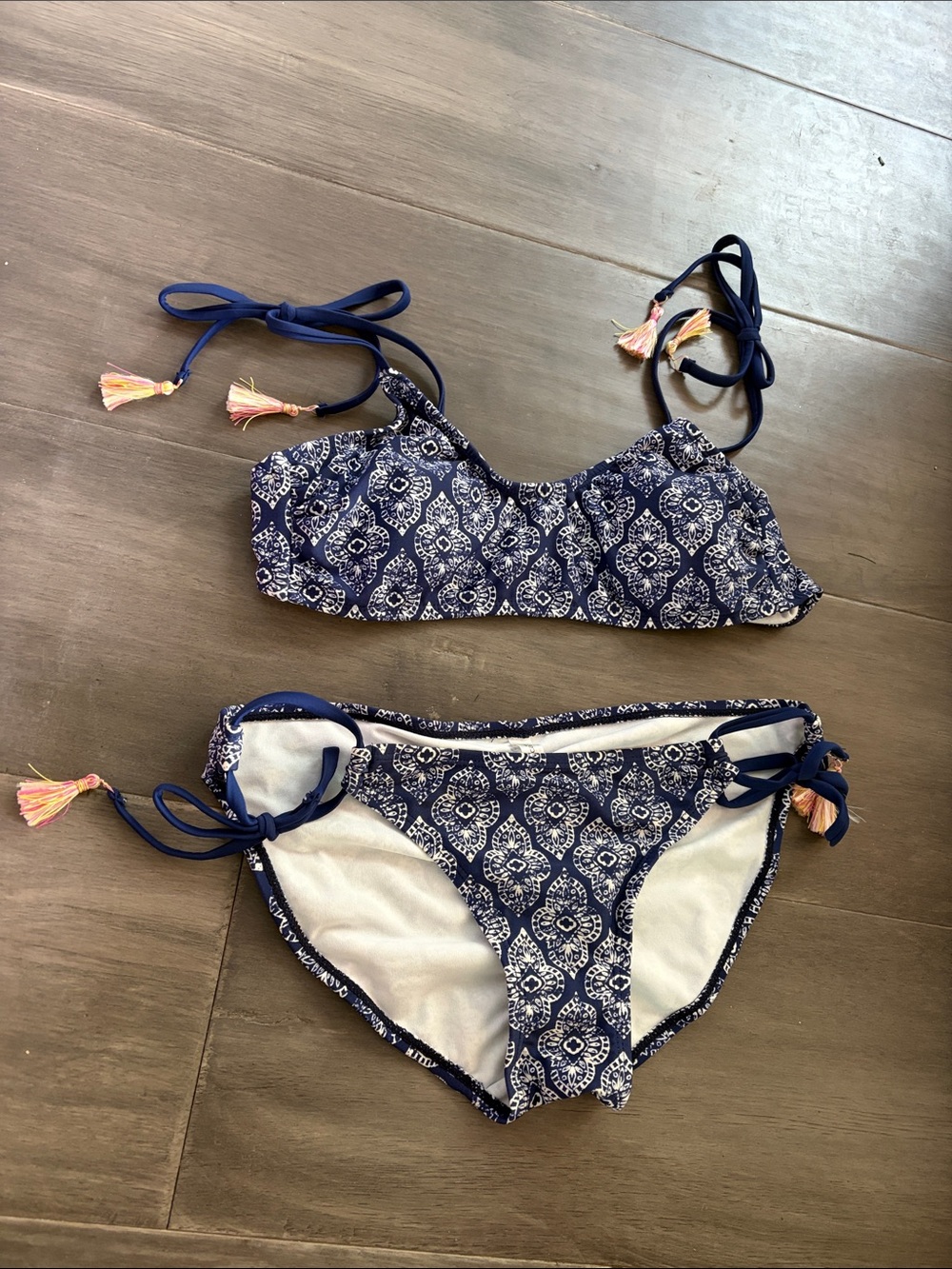 Francesca's Collections Navy Blue White Patterned Bikini with Tassels Small